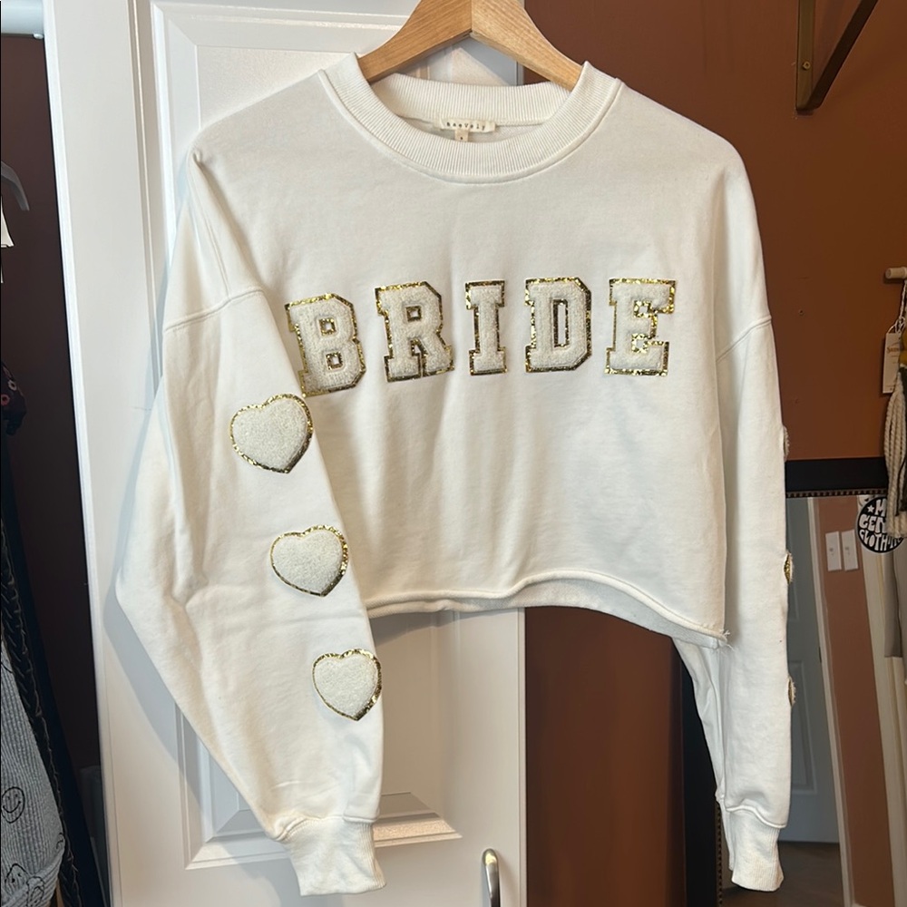 White Bride Cropped Sweatshirt with Gold Accents